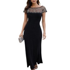 R M Richards Womens Black Beaded Mesh Yoke Evening Gown Formal Maxi Dress 16