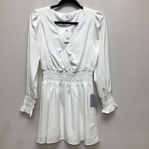 WAYF Womens Delancy Faux Wrap Dress White Stretch Snap Long Sleeve Smocked S New