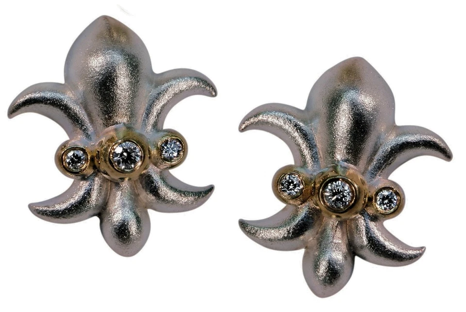 NEW: Fleur de Lis Stud Earrings-Diamonds-18K Gold or Sterling Silver-Power-Lucky - Image 4 of 4