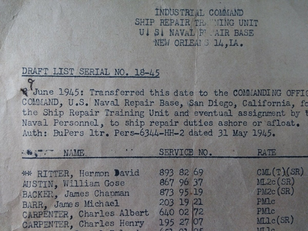 U.S. Navy Draft List Original 1945 Rare WW2 VHTF San Diego Ship