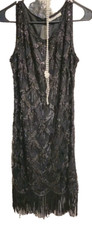Sz 4-10 FLAPPER ROARING 20s DRESS COSTUME BLACK SEQUIN w/ NECKLACE HEADBAND NEW
