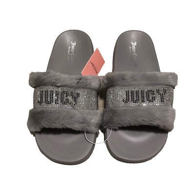 Juicy Couture Slide Slippers Faux Fur Crystals Gravity Gray Womens Size 9