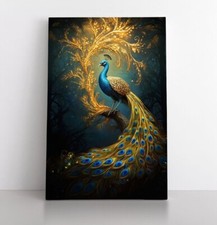 Magical Blue Gold Peacock Canvas Wall Art Print Spiritual Animal Decor Birds