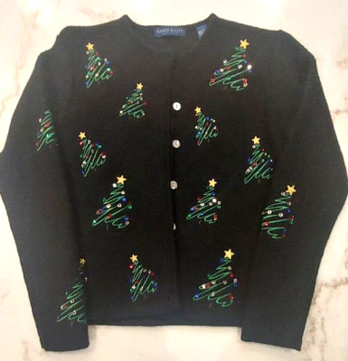 NWOT Karen Scott Women Black Christmas Design Boiled Wool Cardigan Blazer SZ PS