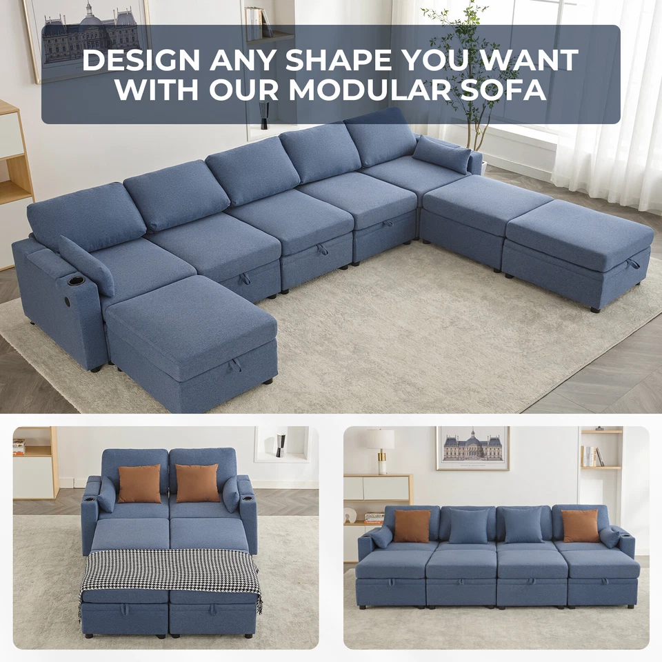 8 Modular Sectional U Shape Couch w/Storage USB Port Cup Holder Convertible Sofa - Image 4 of 4