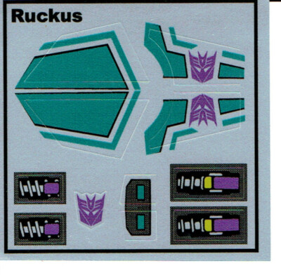 TRANSFORMERS GENERATION 1, G1 DECEPTICON RUCKUS REPRO ETIKETTEN / AUFKLEBER