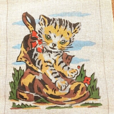 Vtg Wiener Handarbeit Needlepoint Canvas CAT IN SHOE 12'' x 9'' ~ 12 hpi penelope