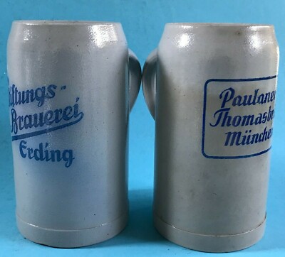 2x Brauerei Bierkrug 1 Liter Maßkrug Paulaner Thomasbräu Stiftungs Erding ~1950