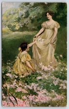 Mother and Daughter in Field Vintage Postcard