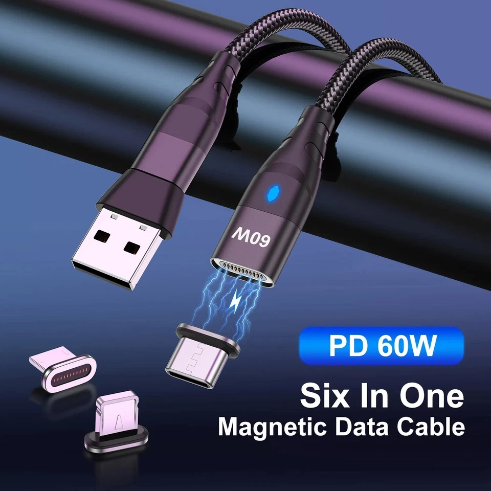 Cable magnético USB-C de 60 W 3 en 1 cargador rápido para iPhone Samsung Micro tipo C Foto 4 de 4