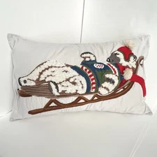 Pottery Barn Polar Bear on Sleigh Embroidered Sofa Toss Pillow Winter Christmas
