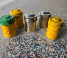 5 VTG Kodak Metal 35mm Film Canisters Yellow, Silver, Yellow And Green