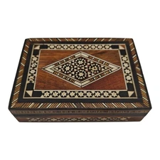 VTG Wooden Jewelry Trinket Box Marquetry Lacquered Mosaic Inlay