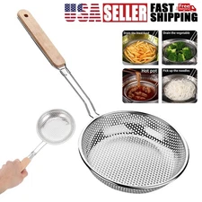 Stainless Steel Micro-Perforated Skimmer Strainer,Pasta Noodle Net,Wooden Handle