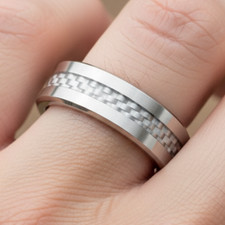 6mm Silver Tungsten Wedding Band with Carbon Fiber Inlay  Beveled Edges