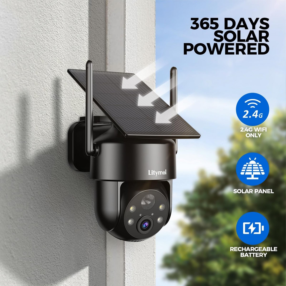 LITYMOL 2K 360° View Solar Security Cameras Wireless Outdoor, 2.4g