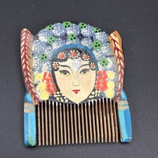 Vtg Chinese Wood Decorative Hair Comb Hand Painted Princess Small Colorful
