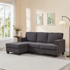 86" L-Shaped Sectional Sofa w/ Ottoman, 3-Seat Dark Gray Linen Fabric