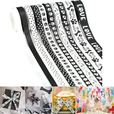 Paw Print Bone Satin Ribbon Assortment - Black and White, 3/8" & " 5/8" Inch, 10