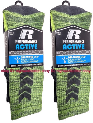 6Pairs Russell  Performance Active DRI-POWER 360 Boys Crew Socks M Shoe Sz 9-2.5
