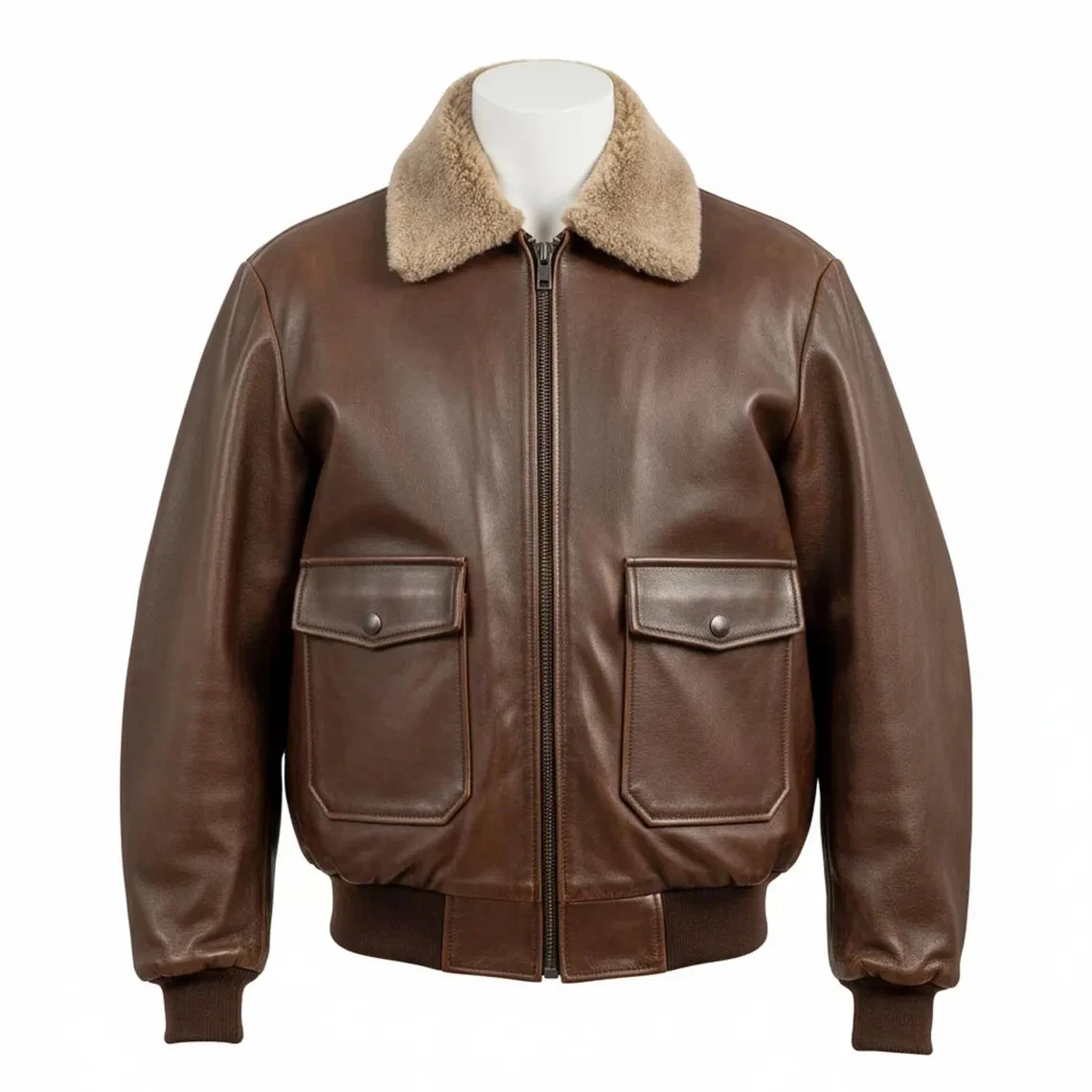 Men’s Brown Shearling Collar Leather Bomber Jacket Vintage Aviator Style Coat