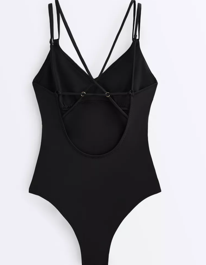 Oysho Womens Swimsuit Bathing suit M Black Crossover Strap Vneck