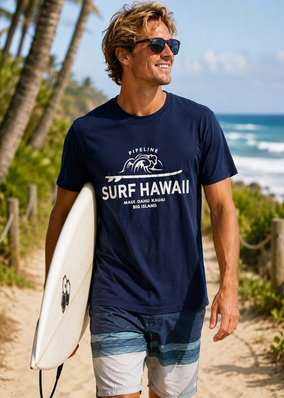 ISLAND CREW HAWAII MENS XL NAVY GRAPHIC TEE SHIRT.  PIPELINE SURF HAWAII.