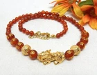 Asian Themed Carnelian Gemstone & Gold Tone Foo Dog Pendant Bead Necklace 20"