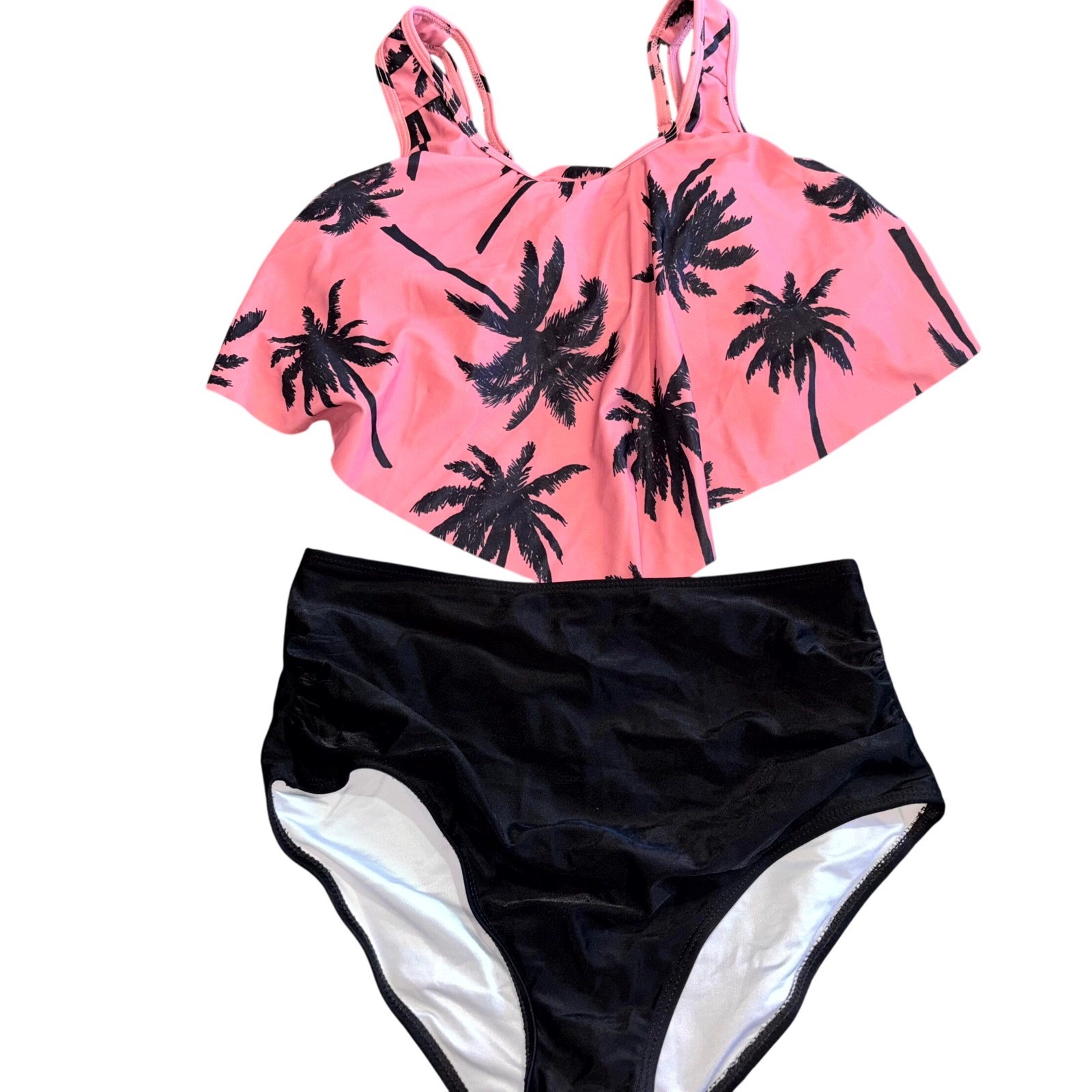 High Waisted Bikini Set Tropical Palm Print Pink Black Ruffle Top Swim