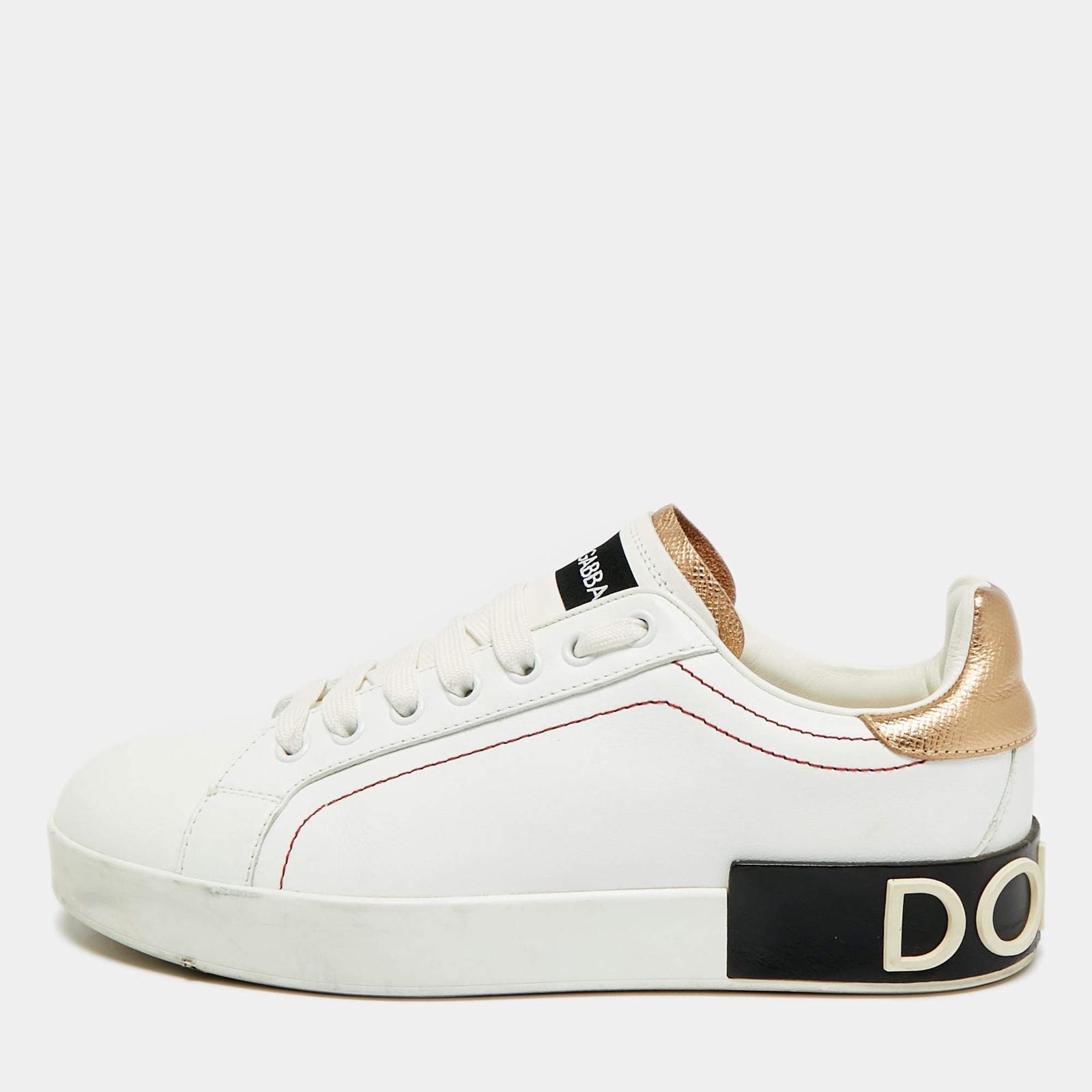 Dolce Gabbana Portofino Size 38.5 WhiteGold Leather Lace Up Sneakers