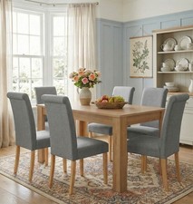 Dining Table Set, Oak Fixed Top Table 120cm, 6 Roll Top Fabric Chair, Grey