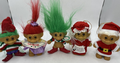 Vtg. Russ Troll Dolls Christmas Lot Of 5 Santa Ms. Claus Elfs Feliz Navidad 4''