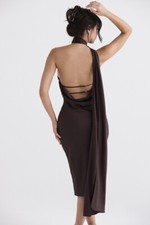 HOUSE OF CB 'Angelina' Chocolate Wrap Neck Midi Dress S Satin Brand New In Box