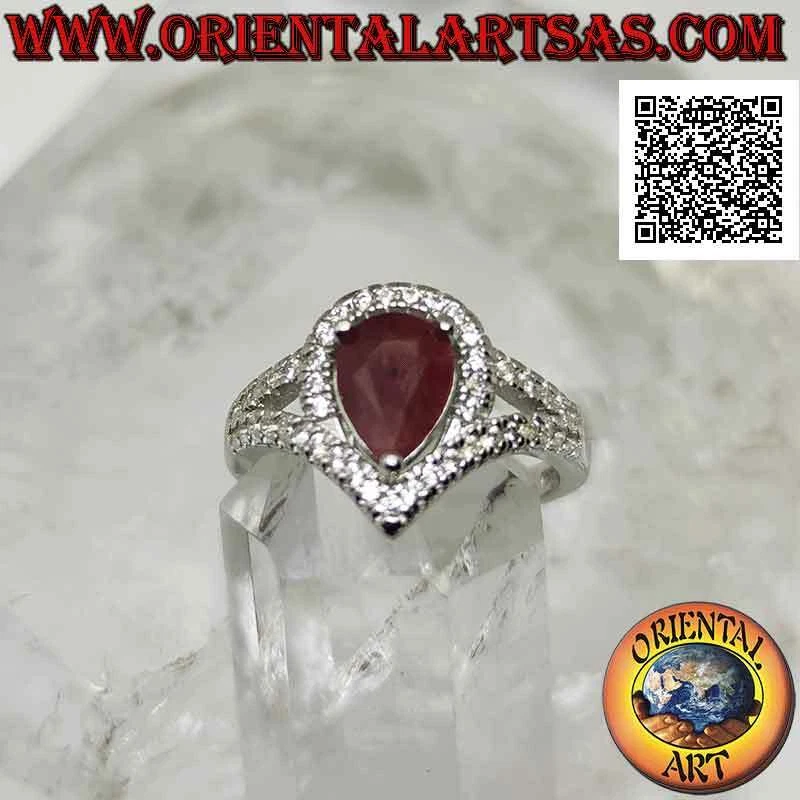 Anello in Argento 925‰ rubino naturale a goccia incastonato contornato da zircon - Immagine 3 di 4