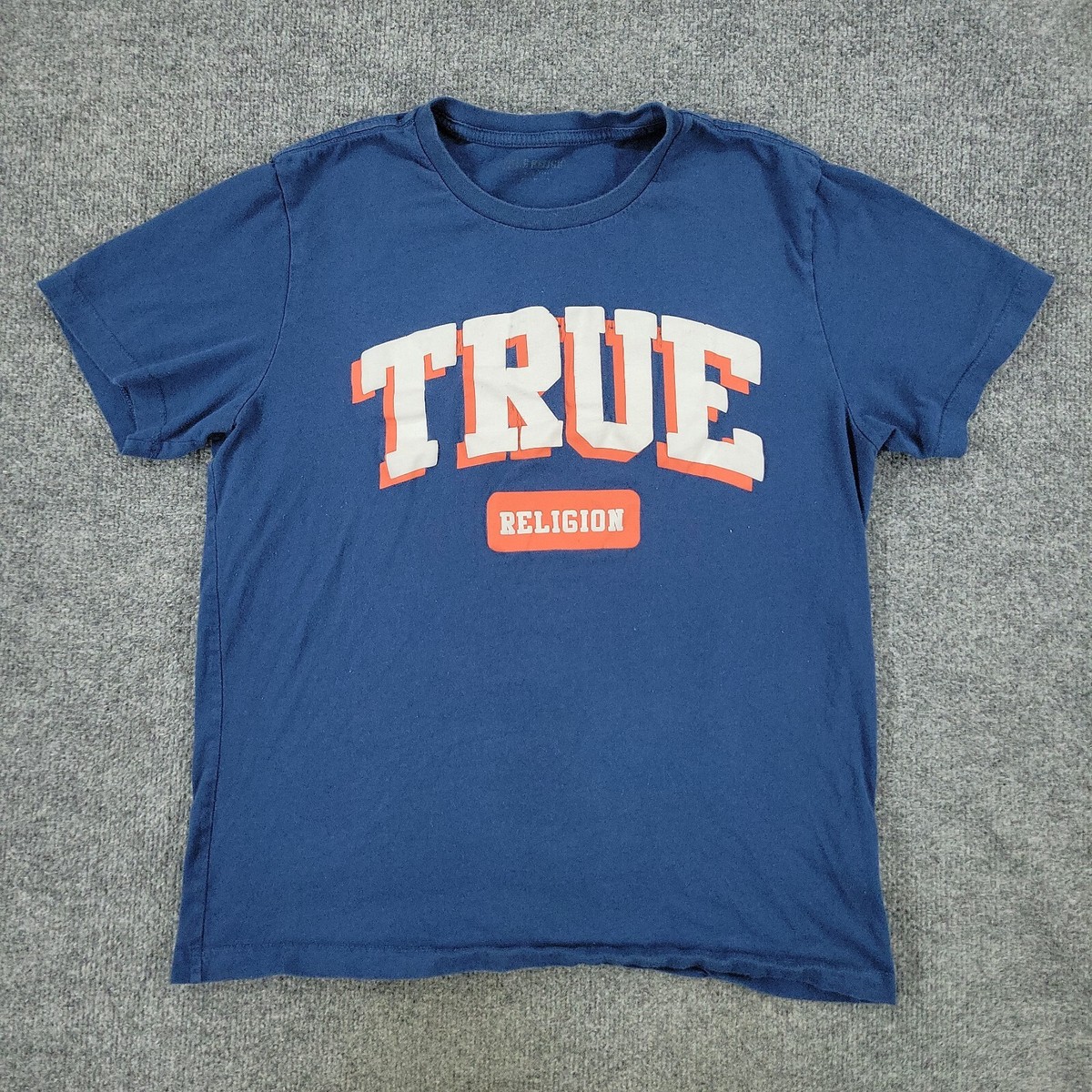 True Religion Shirt Men's Medium Blue Spell Out Graphic Tee Short Sleeve  Adult M
