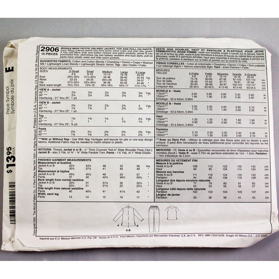 McCalls Sew News Pattern 2906 Misses/Misses Petite Jacket Top Pants 12 ...