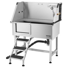 38" Stainless Steel Dog Grooming Tub w/ Stairs Left Door Faucet Pet Wash Station