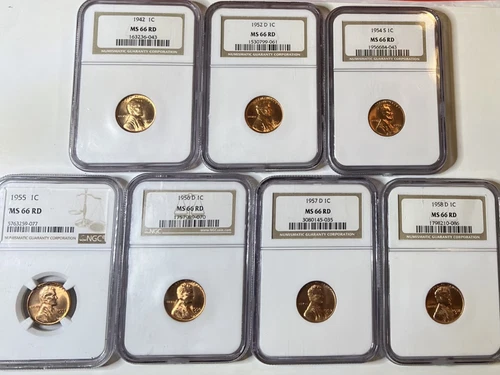 7 Assorted Lincoln Wheat One Cent Pennies NGC MS 66 RD
