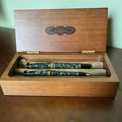 Parker Duofold Centennial Green Marble Fountain Pen Ballpoint Pen Set New In Box
