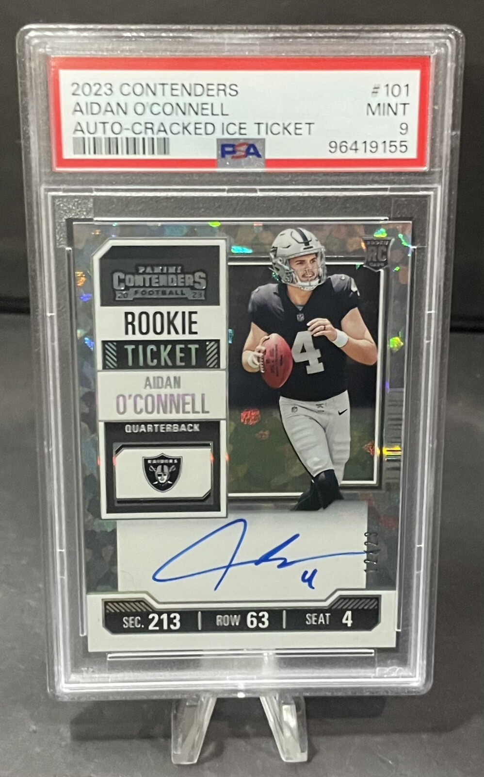 2023 Contenders Aidan O’Connell RC Rookie Ticket Cracked Ice Auto /23 PSA 9 Mint