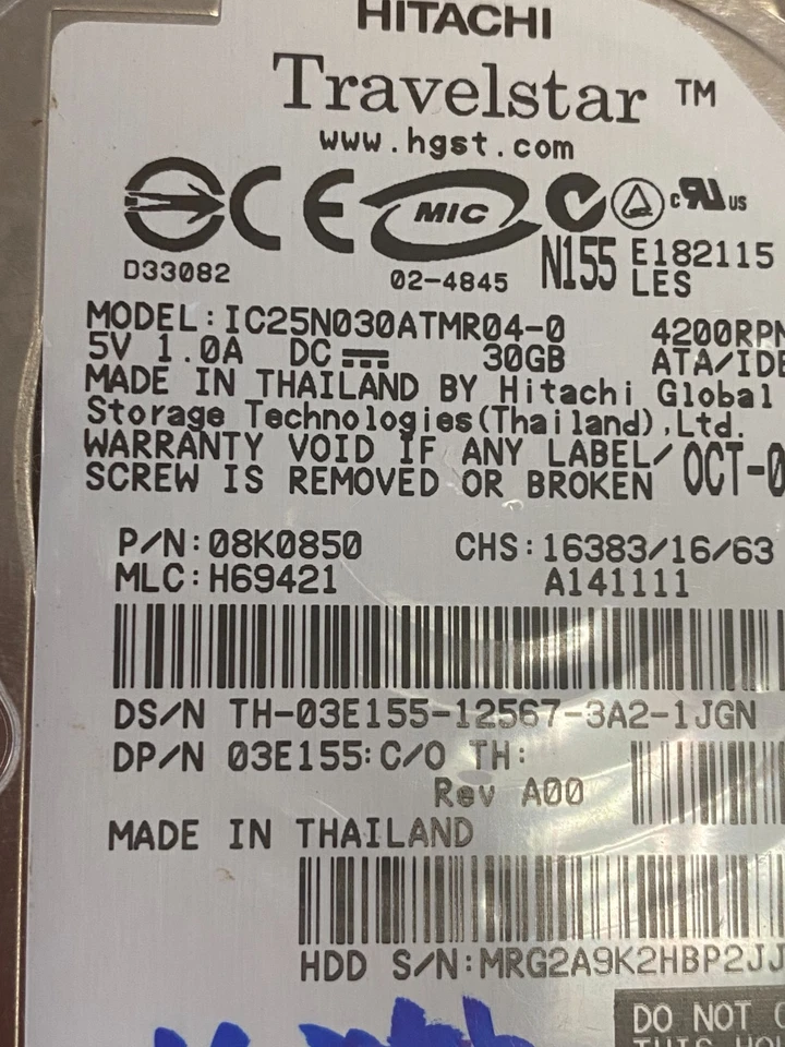 Tested. HITACHI IC25N030ATMR04-0 4200RPM 2.5" IDE/ATA 30GB HDD/warranty - Image 2 of 3