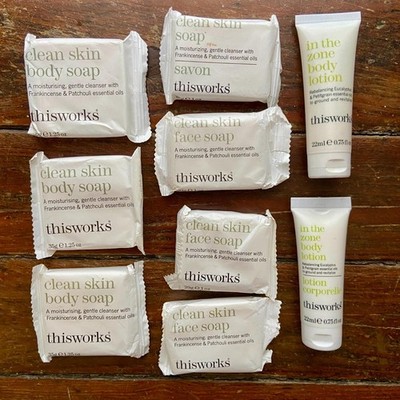 Lot of 8 THISWORKS Clean Skin Face Body Soap Travel + 2 THISWORKS Body Lotion