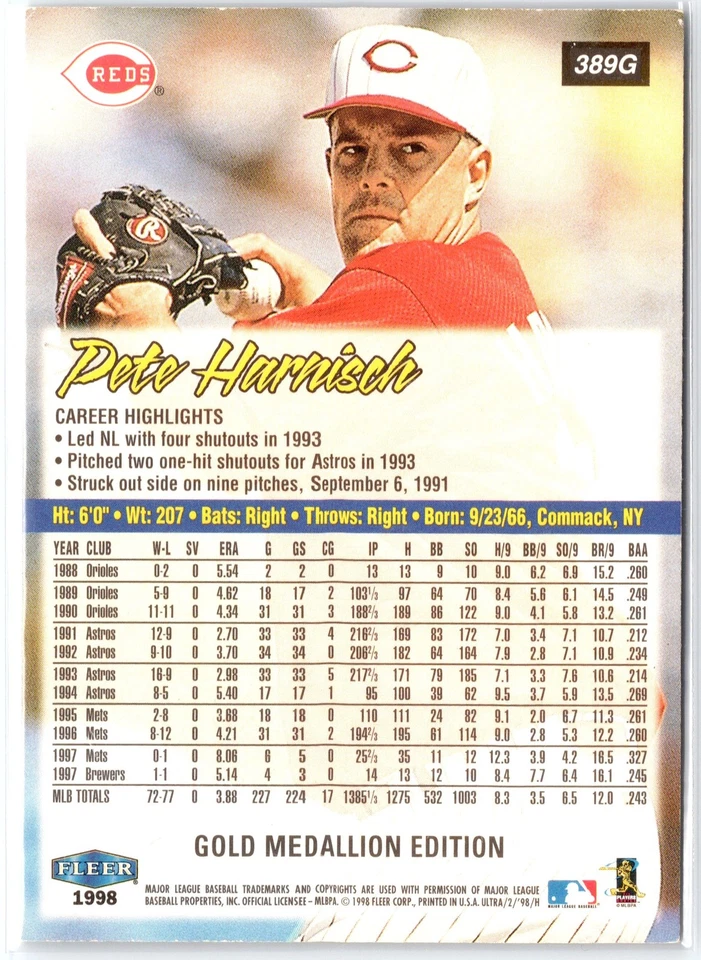 1998 Ultra #389G Pete Harnisch Gold Medallion - Image 2 of 2