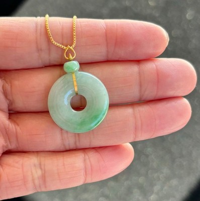 Floating Bright Green Donut Jadeite Jade Pendant 18K Gold Buckle, 100% Untreated
