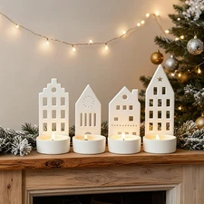 House Tealight Candle Holders Set of 4 – Christmas Candle Holder Centerpieces...