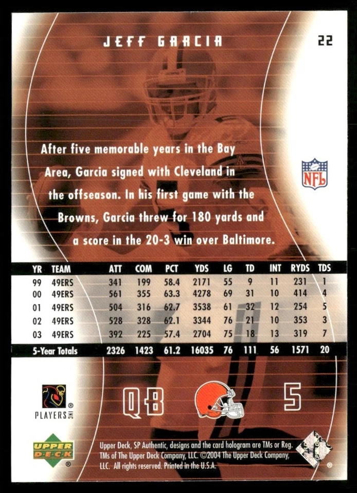 2004 SP Authentic Jeff Garcia Cleveland Browns #22 - Image 2 of 2