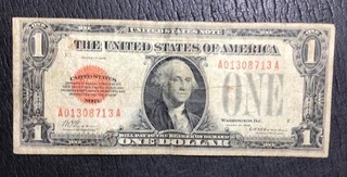 1928 $1 US RED Seal Hard to Find "FUNNY BACK"! FINE Old US Paper Money Currency!