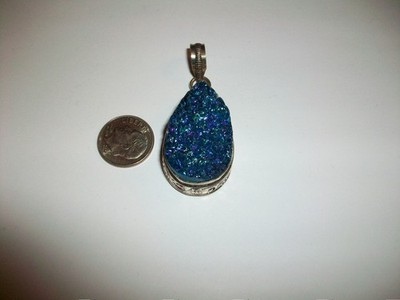 Vintage Blue Titanium Teardrop Mystic Druzy Pendant in 925 Sterling Silver