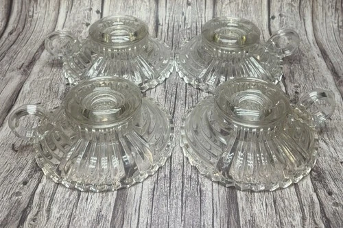 Set of 4 Vintage Anchor Hocking Depression Glass Clear Finger Loop Candle Holder