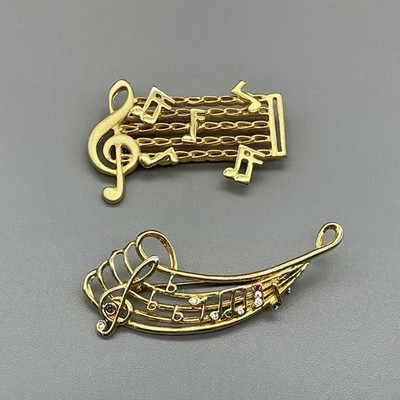 Gold Tone Music Note Brooch Pin Lot Of 2 Multicolor Rhinestone Jewelry 2 Inch